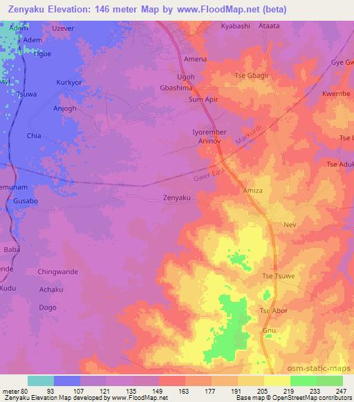 Zenyaku,Nigeria Elevation Map