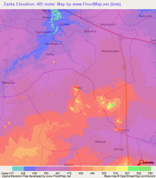 Zazka,Nigeria Elevation Map