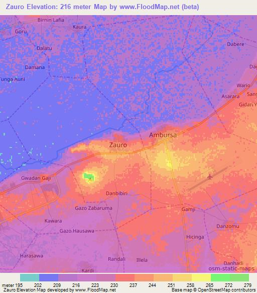 Zauro,Nigeria Elevation Map