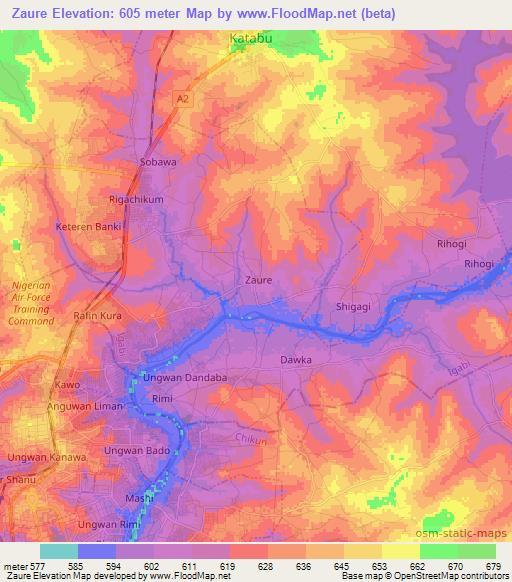 Zaure,Nigeria Elevation Map