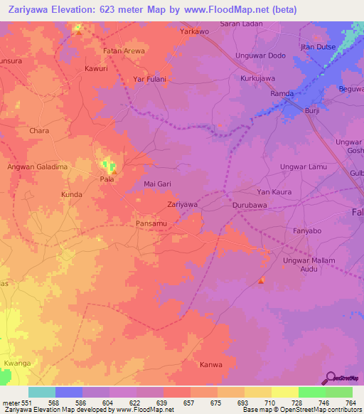 Zariyawa,Nigeria Elevation Map