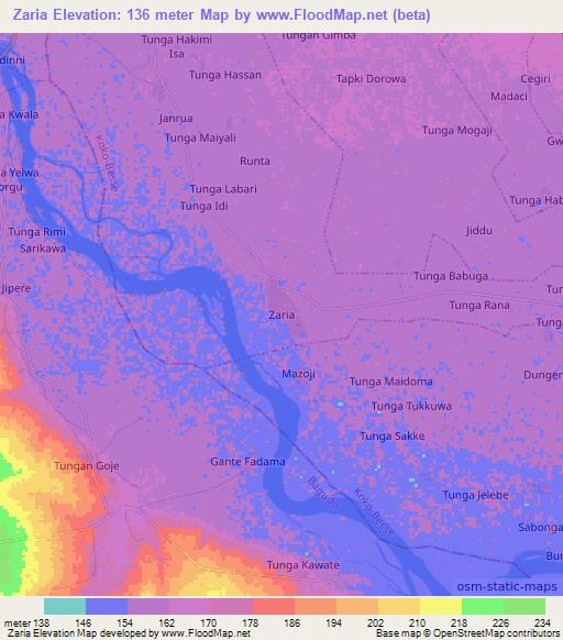 Zaria,Nigeria Elevation Map