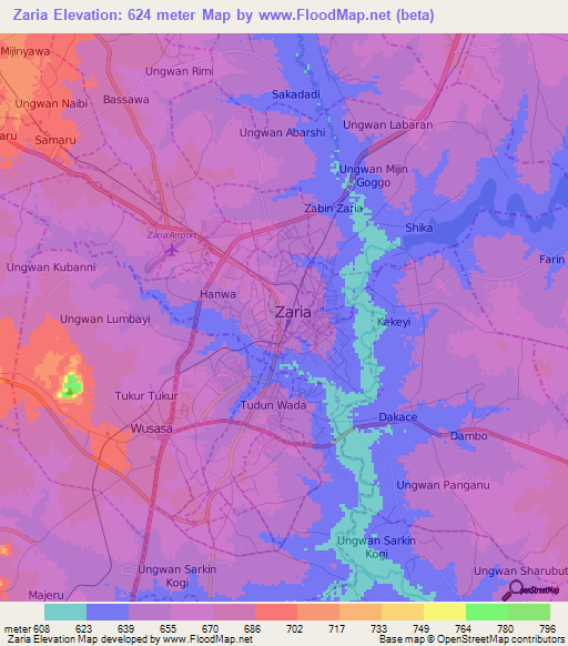 Zaria,Nigeria Elevation Map