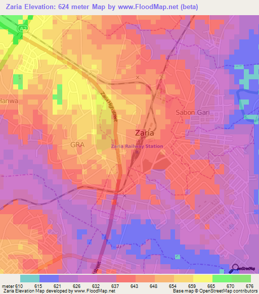 Zaria,Nigeria Elevation Map