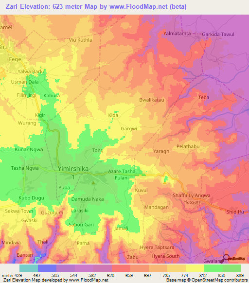 Zari,Nigeria Elevation Map