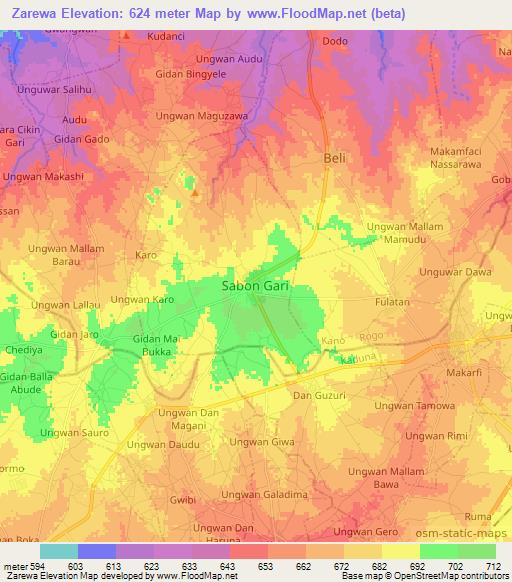 Zarewa,Nigeria Elevation Map