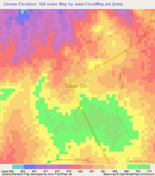 Zarewa,Nigeria Elevation Map