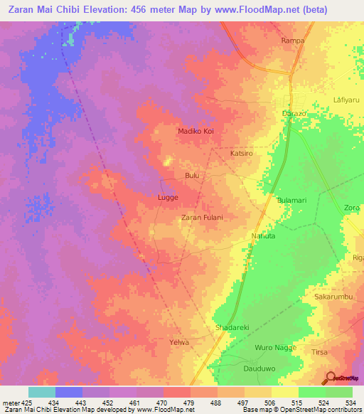 Zaran Mai Chibi,Nigeria Elevation Map