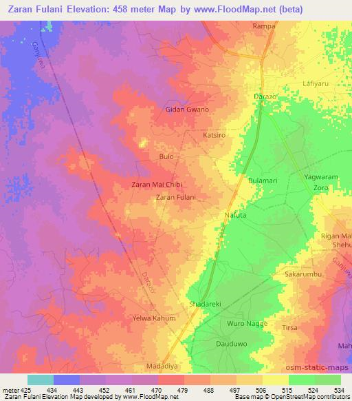 Zaran Fulani,Nigeria Elevation Map