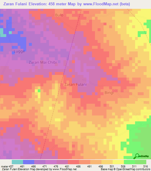 Zaran Fulani,Nigeria Elevation Map