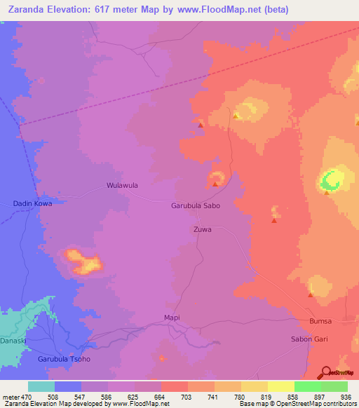 Zaranda,Nigeria Elevation Map