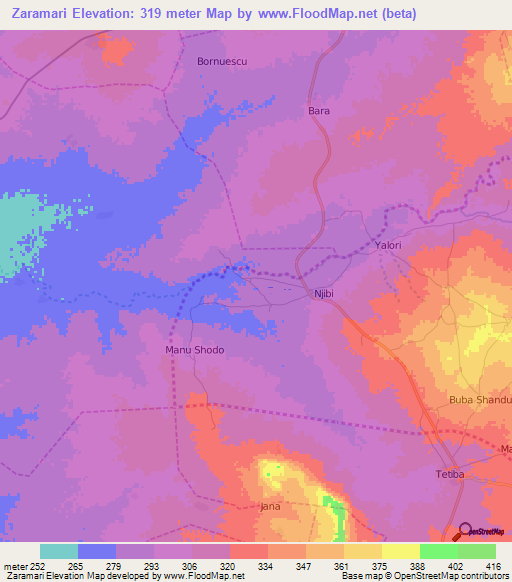 Zaramari,Nigeria Elevation Map