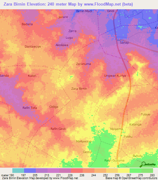 Zara Birnin,Nigeria Elevation Map