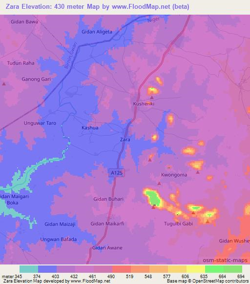 Zara,Nigeria Elevation Map