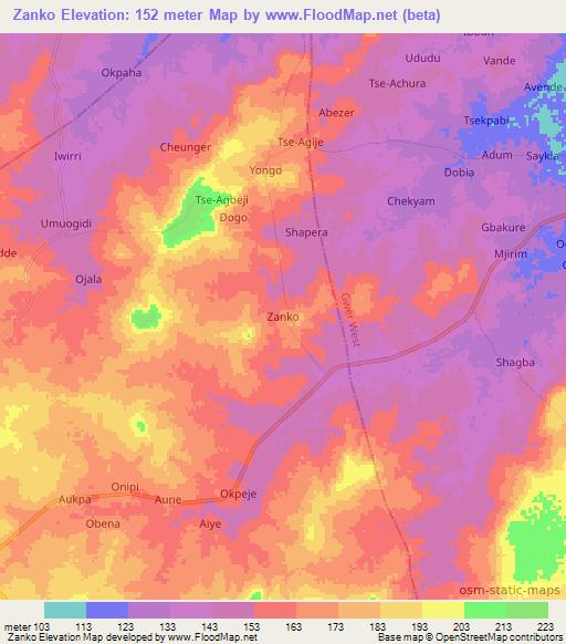 Zanko,Nigeria Elevation Map