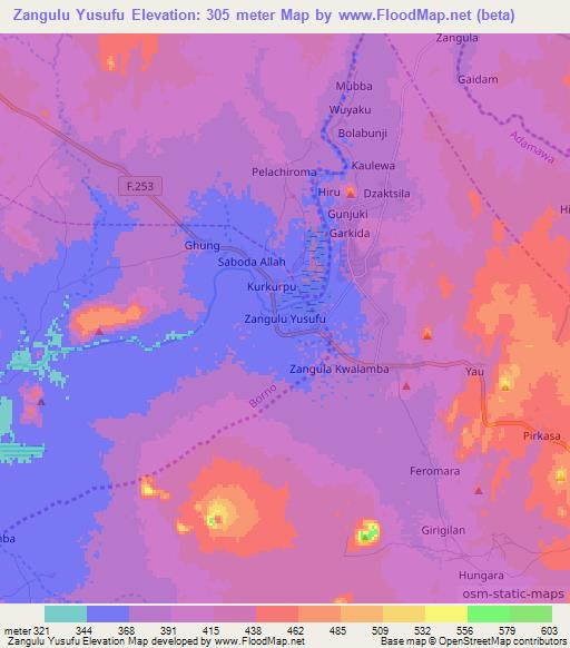 Zangulu Yusufu,Nigeria Elevation Map