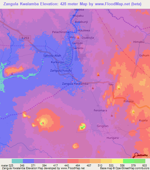 Zangula Kwalamba,Nigeria Elevation Map