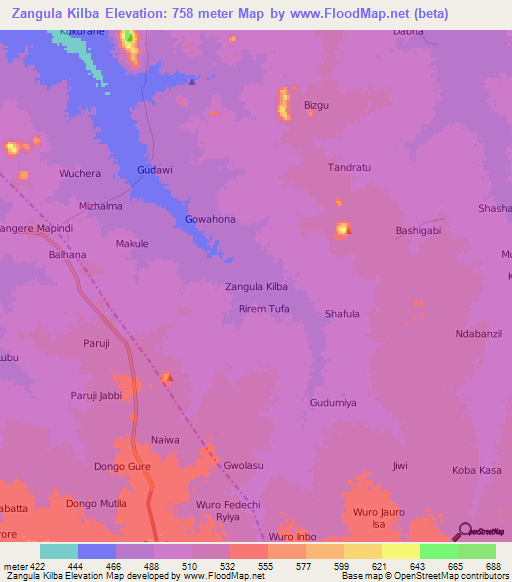 Zangula Kilba,Nigeria Elevation Map