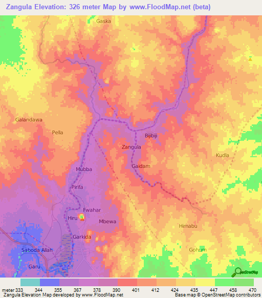 Zangula,Nigeria Elevation Map