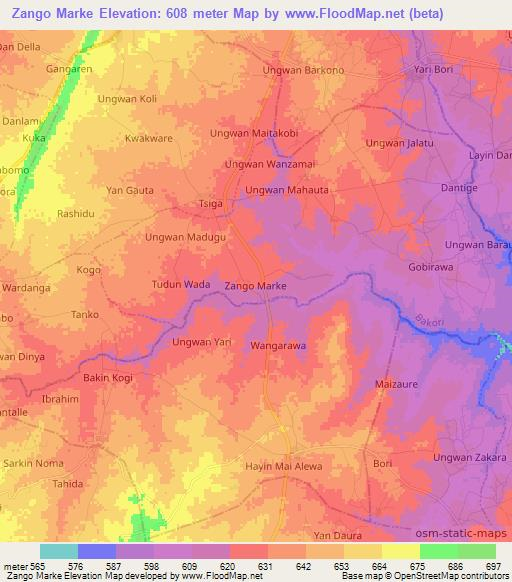 Zango Marke,Nigeria Elevation Map