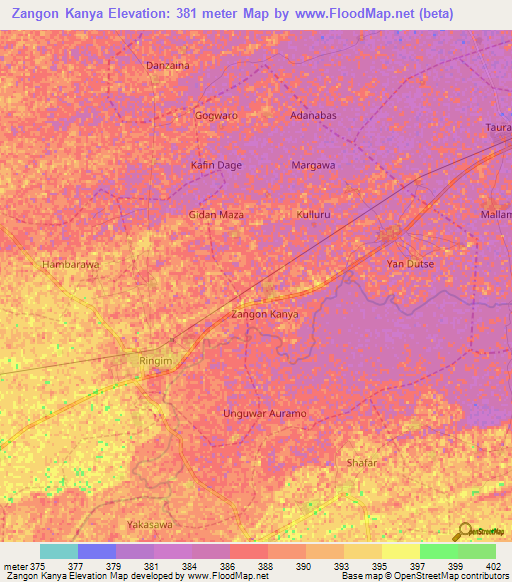 Zangon Kanya,Nigeria Elevation Map