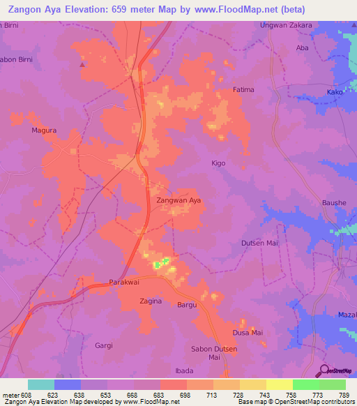 Zangon Aya,Nigeria Elevation Map