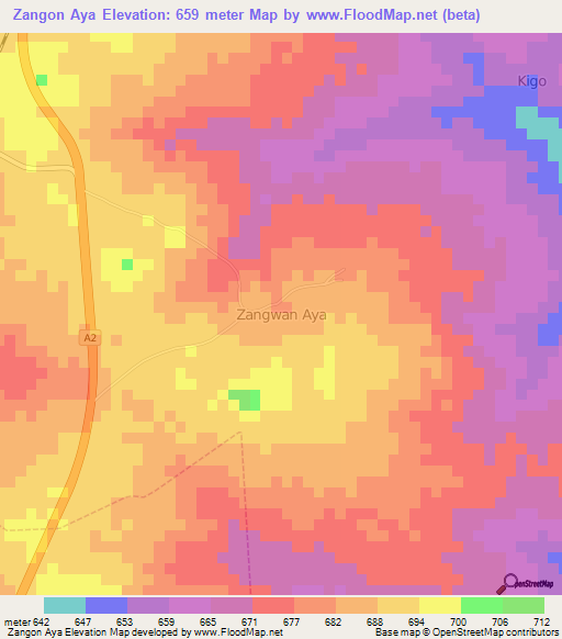 Zangon Aya,Nigeria Elevation Map