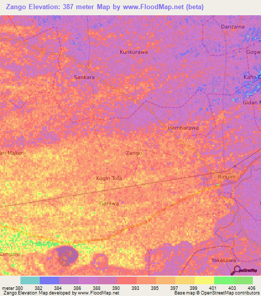 Zango,Nigeria Elevation Map