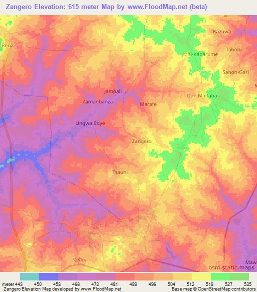 Zangero,Nigeria Elevation Map