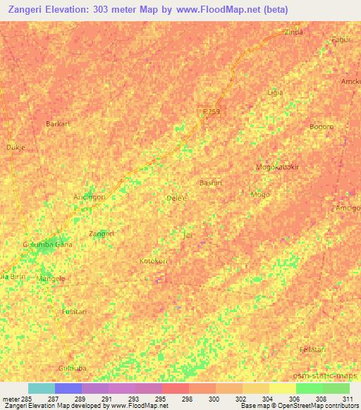 Zangeri,Nigeria Elevation Map