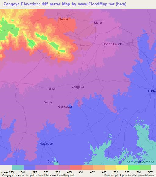 Zangaya,Nigeria Elevation Map