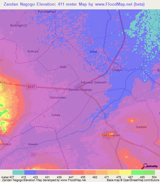 Zandan Nagogo,Nigeria Elevation Map