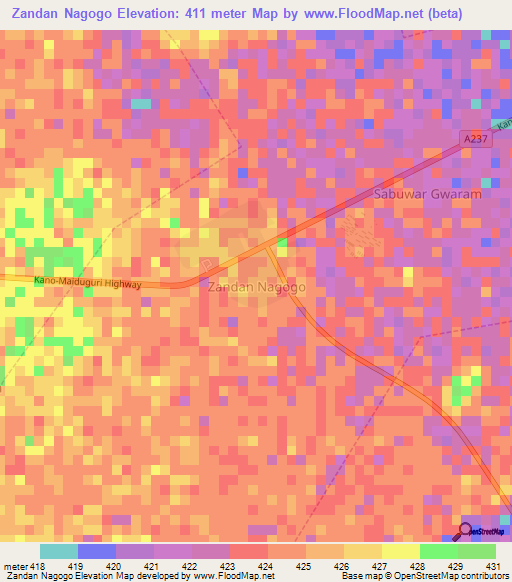 Zandan Nagogo,Nigeria Elevation Map