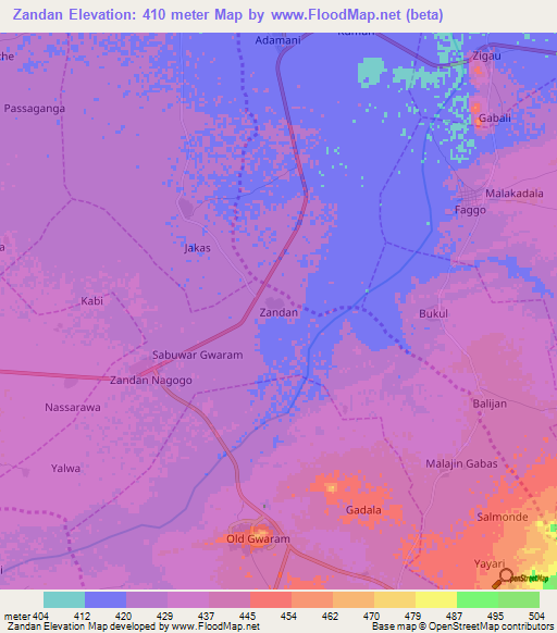 Zandan,Nigeria Elevation Map