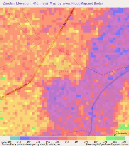 Zandan,Nigeria Elevation Map