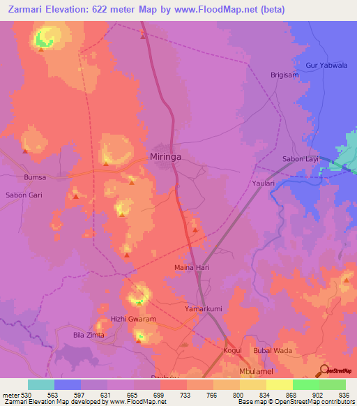 Zarmari,Nigeria Elevation Map