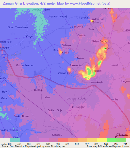 Zaman Giru,Nigeria Elevation Map