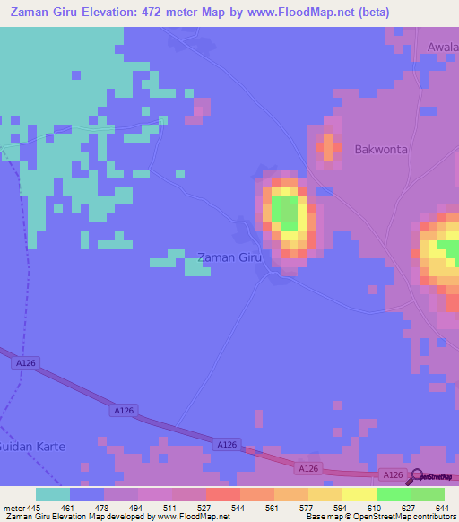 Zaman Giru,Nigeria Elevation Map