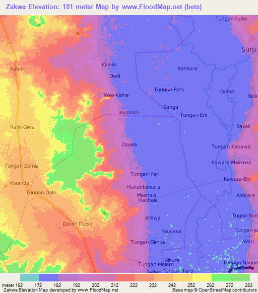 Zakwa,Nigeria Elevation Map