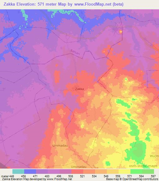 Zakka,Nigeria Elevation Map