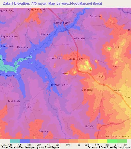 Zakari,Nigeria Elevation Map