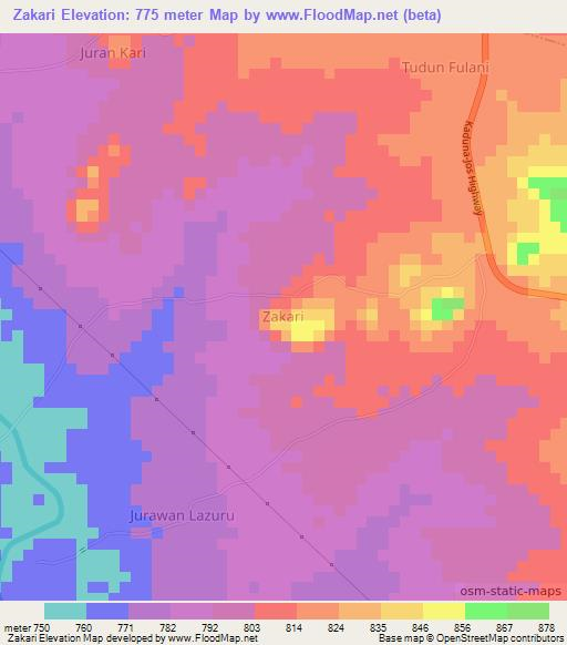 Zakari,Nigeria Elevation Map