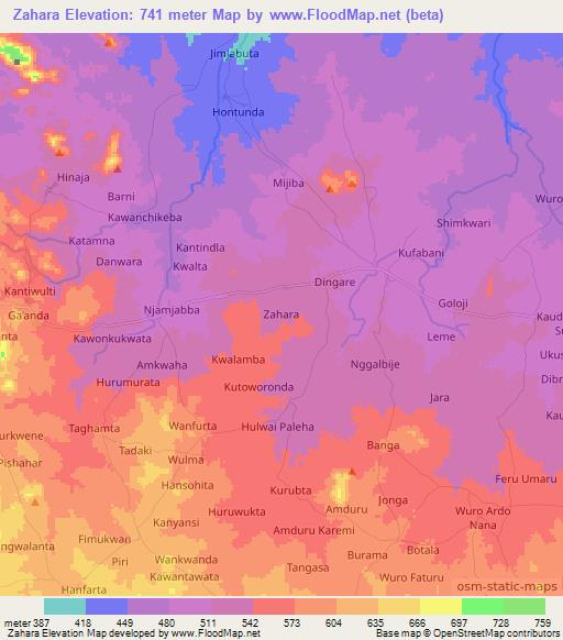 Zahara,Nigeria Elevation Map