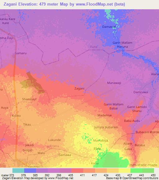 Zagani,Nigeria Elevation Map