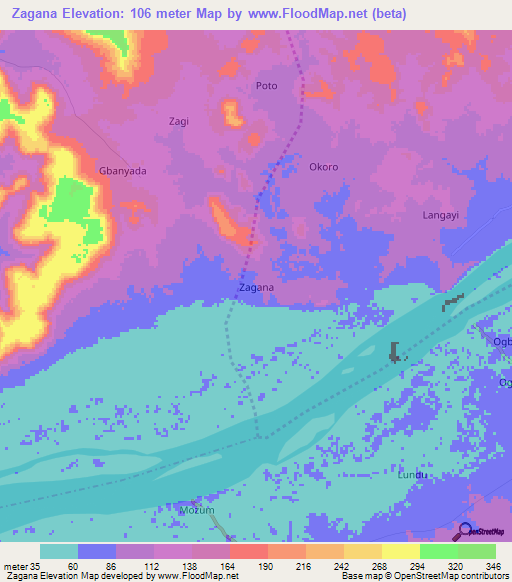 Zagana,Nigeria Elevation Map