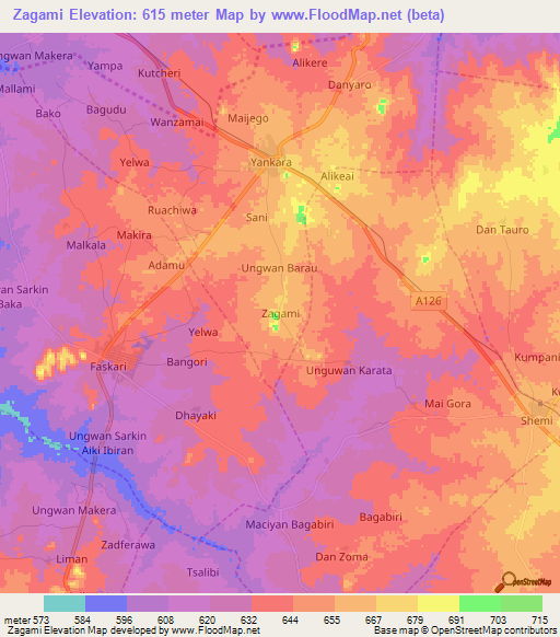 Zagami,Nigeria Elevation Map