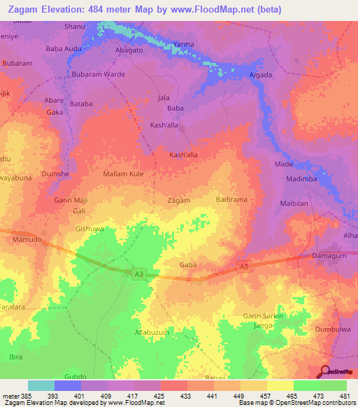 Zagam,Nigeria Elevation Map