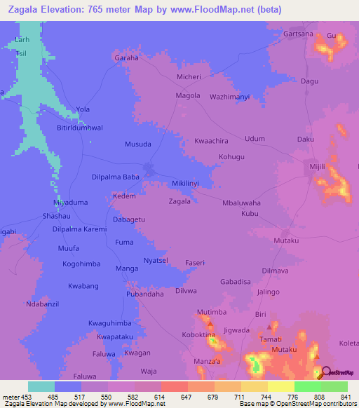 Zagala,Nigeria Elevation Map