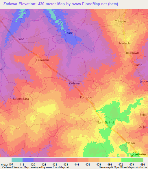 Zadawa,Nigeria Elevation Map