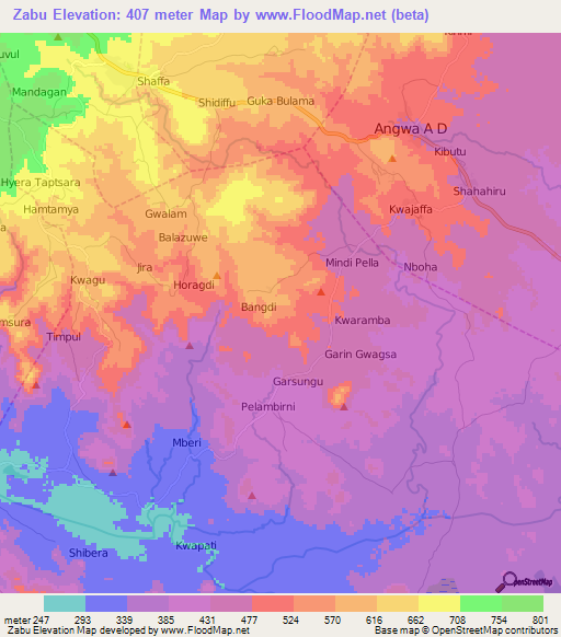 Zabu,Nigeria Elevation Map